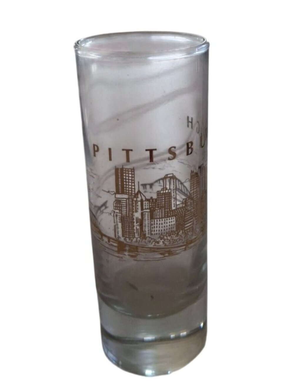 Vintage Pittsburgh Skyline Shot Glass Gold Trim 4" Tall Travel Souvenir Retro